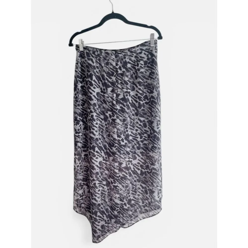 AllSaints Rhea animal print slip skirt.  Sheer Asymmetric Hem Black/Gray